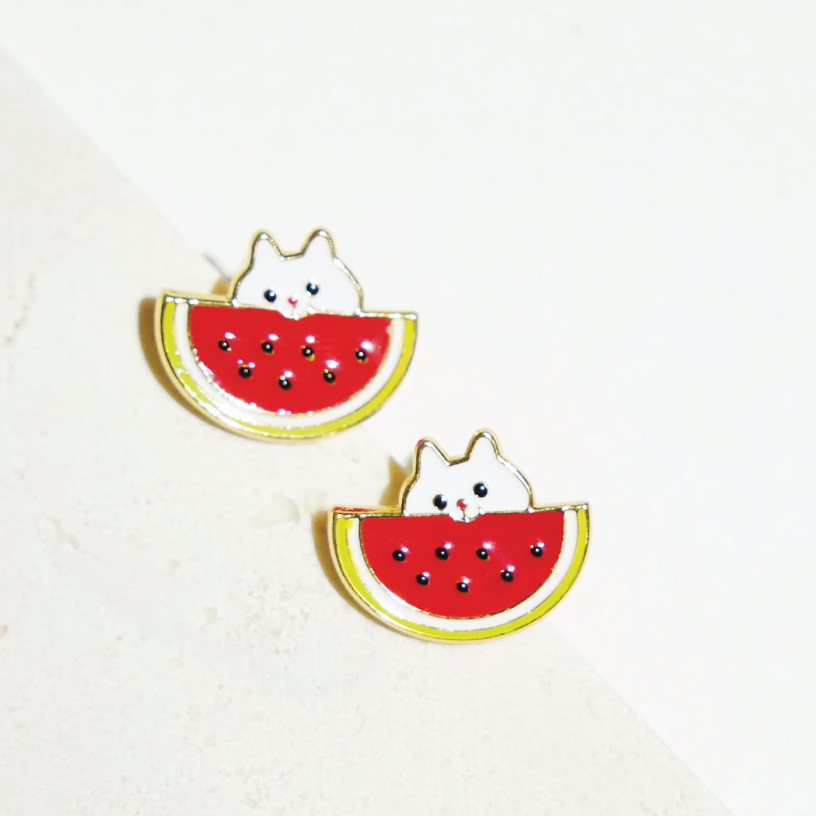 Little Oh - Stud Earrings (Red Watermelon Cat)